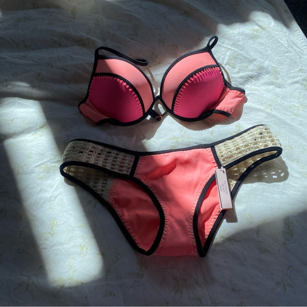 Victoria's Secret Neoprene Bikini Coral, Pink and Black
